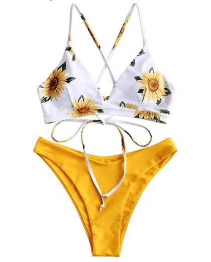 Moda Bikini zaful amarelo e com padrão floral