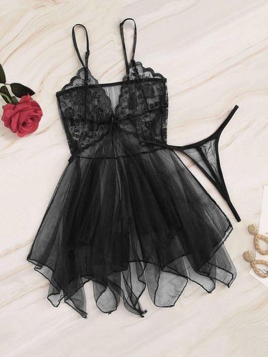 Baby doll transparente preto 