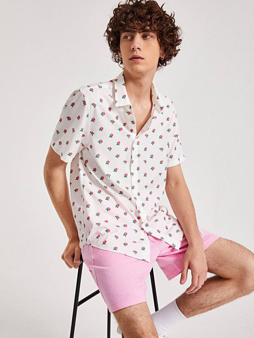 Moda Butões na frente Floral Férias Camisa Masculina
