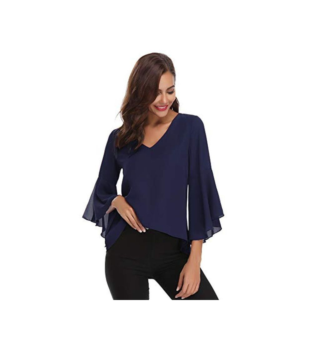 Social Abollria Camisa de Gasa para Mujer 3/4 Mangas Elegante Blusa Chiffon Cuello