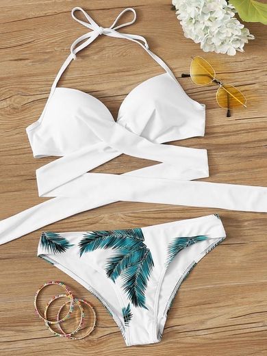 Social Set de bikini top cruzado con estampado de hoja | SHEIN ES