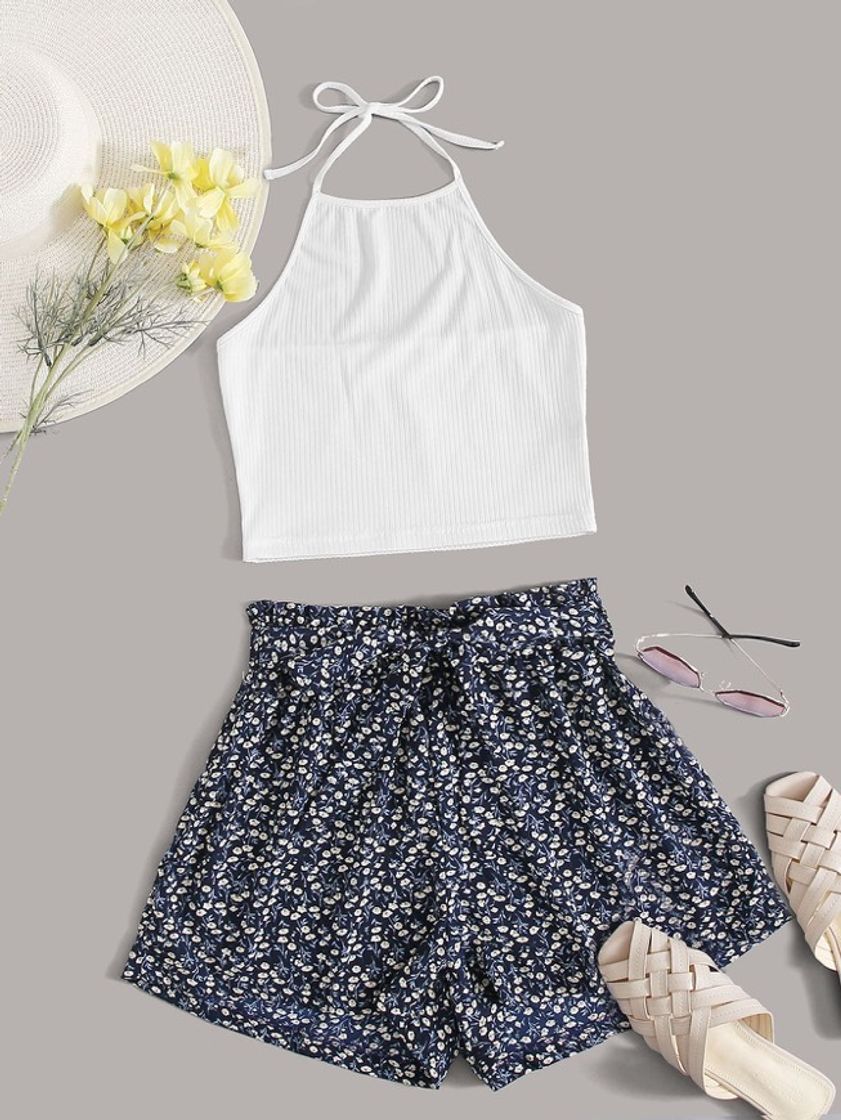 Fashion Conjunto top blanco y short estampado 