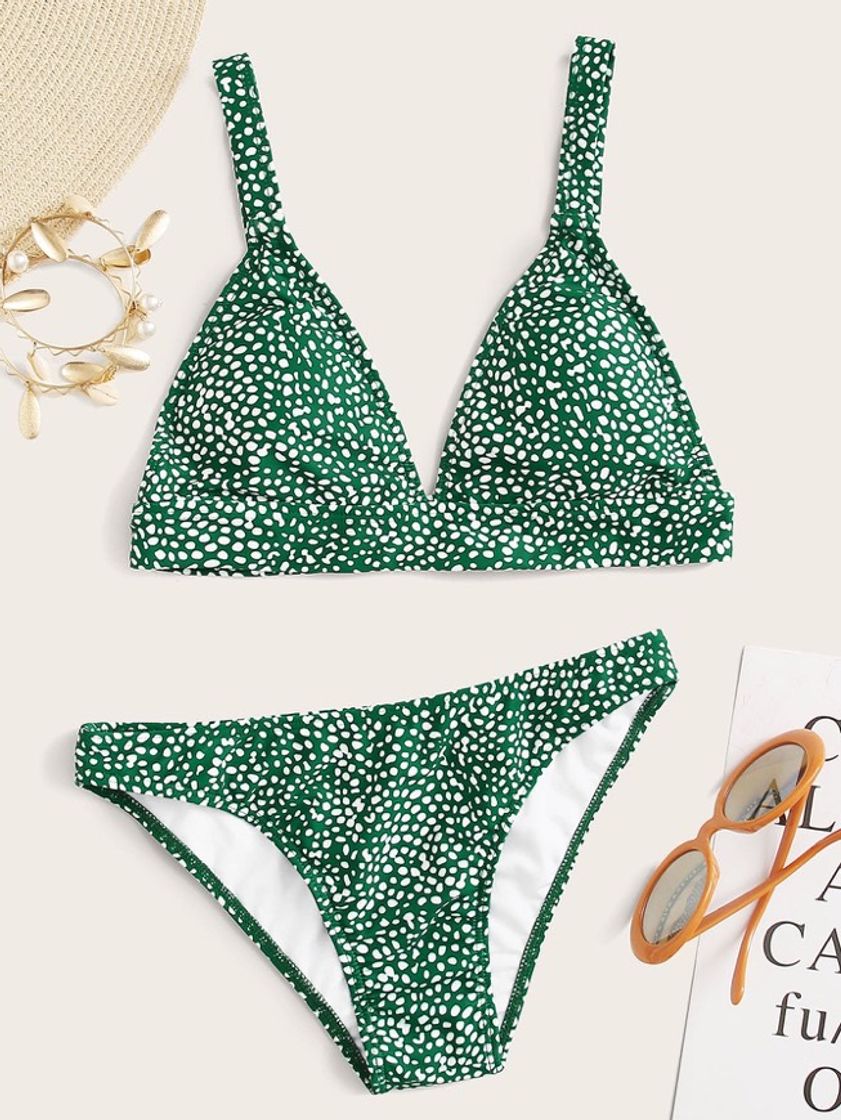 Fashion Bikini verde con estampado de lunares blancos