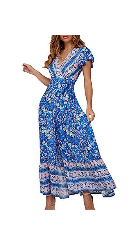 Fashion Vestido Mujer Bohemio Largo Verano Playa Fiesta Floral Manga Corta Cuello en