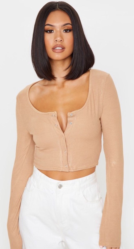 Social Sand Rib Popper Scoop Neck Crop Top

