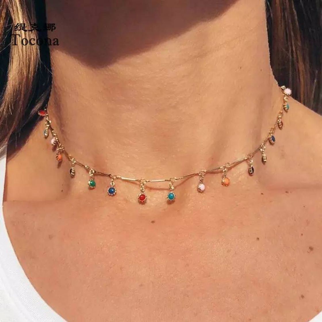 Social Collar de oro con piedras de colores 
