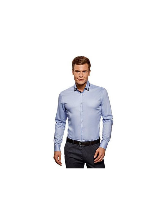 Social oodji Ultra Hombre Camisa Entallada con Acabado en Contraste, Azul, сm 43