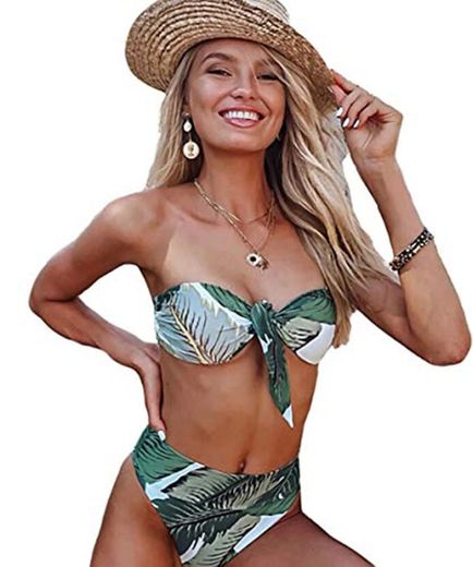 JFan Mujer Conjunto De Bikini Traje de Baño 2020 Push up Bikini Floral Monokini Tropical Hojas Verdes Bikini