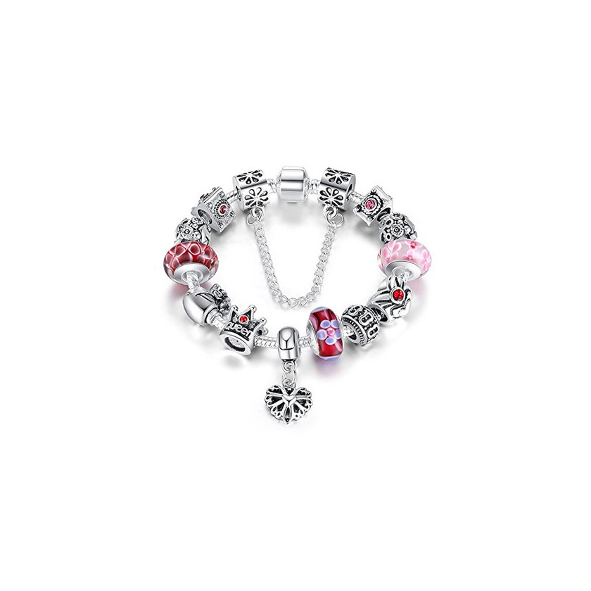 ATE Charm Pulsera Abalorios Corona Corazón Mujeres Cadena Seguridad JWB110