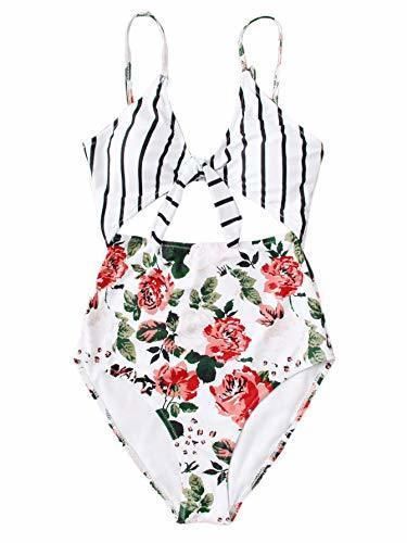 DIDK Mujer Conjunto De Bikini Bañador de Rayas con Estampado Floral +1PC