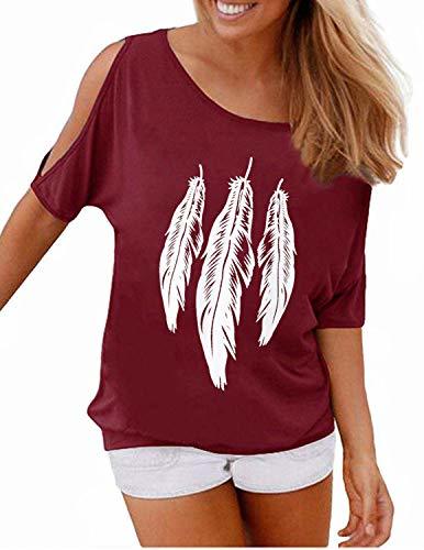 Social YIPIN Mujer Casual Camiseta Manga Corta Sin Tirantes Verano Estampado de Plumas