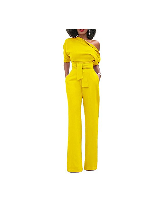 Social Mono Mujer Talla Grande Jumpsuits Elegante One-Hombro Pantalones Pierna Ancha con Cinturón