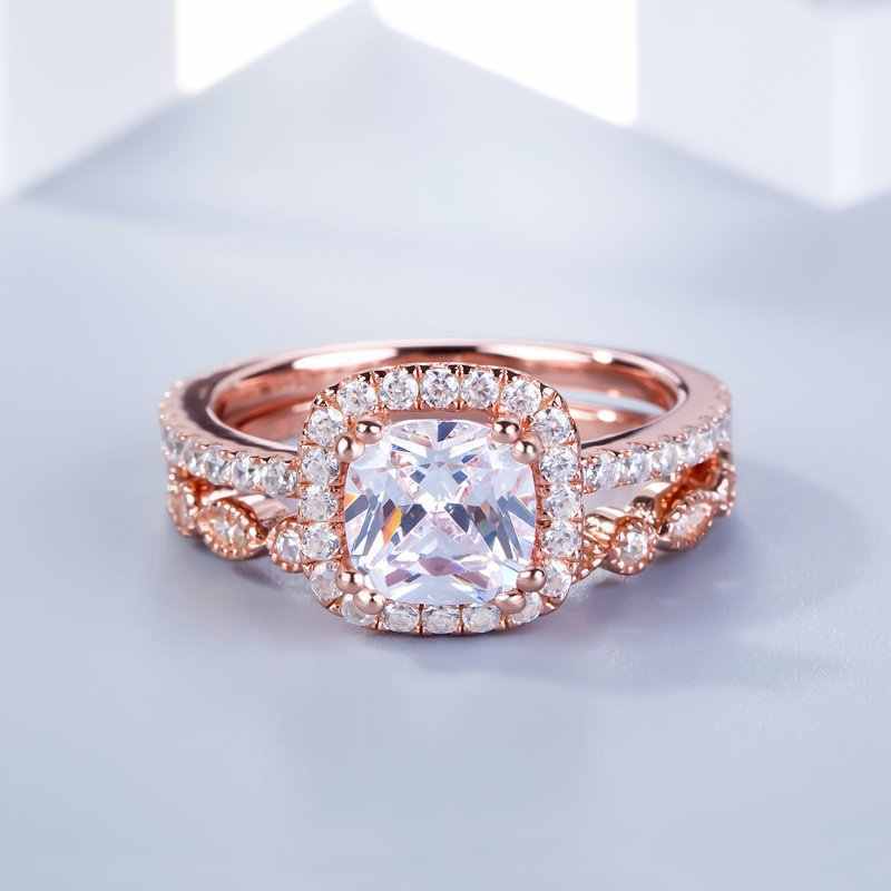 Social Luxo Feminino Round Anel De Noivado Set Crystal Fashion Rosa de Ouro