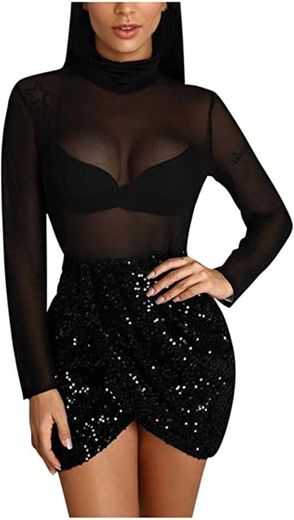 riou Mujer Vestido Cuello Redondo Manga Larga Vestido de Trabajo Informal Ajustado con Rayas Transparentes de Malla Bodycon Sexy Mini Vestido para Fiesta