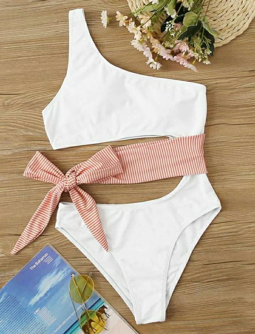 Fashion Striped Tie Waist One Shoulder One Piece Swimsuit | SHEIN USA