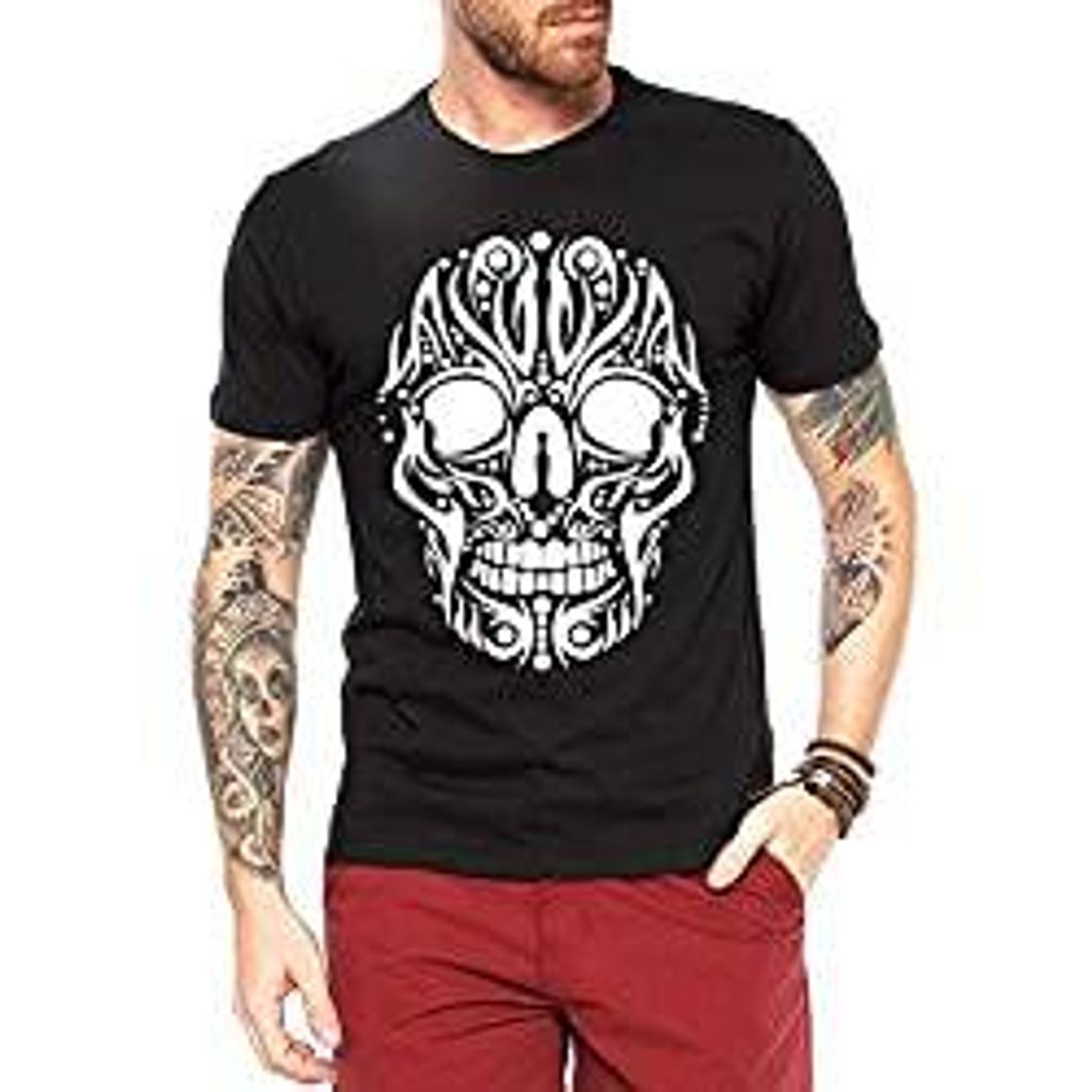 Moda Camiseta Criativa Urbana Caveira Tattoo Tribal Cartas Preto 