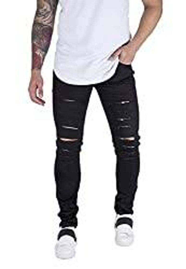 Moda Calça Masculina Skinny Com Elastano bAllAd Preta Rasgada (40