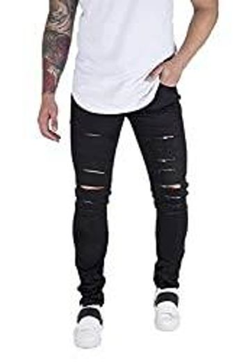 Calça Masculina Skinny Com Elastano bAllAd Preta Rasgada (40