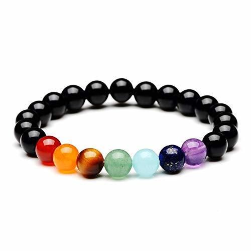 NO LOGO QJBH Obsidian 7 Chakra Pulseras & Bangles Yoga Balance Beads
