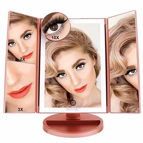 FASCINATE Espejo Maquillaje Con Luz,Tríptica Aumentos 10x, 3x, 2x,1x Magnetismo Extraíble Espejo