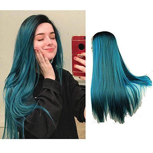 Eseewigs Larga Raíz Oscura Azul y verde color mezclado Ombre Dos Tonos