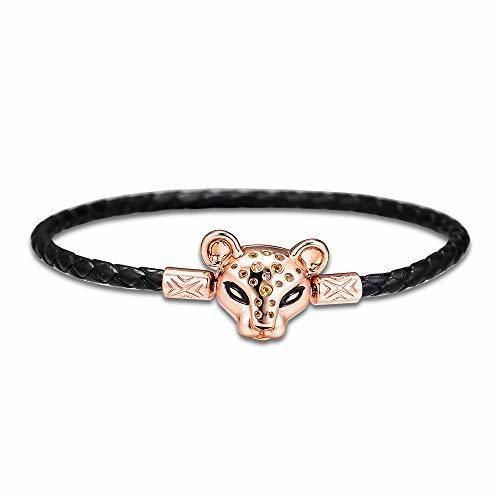 FINLN 20.5cm Pulsera Pulsera de Cuero de Princesa de león para Mujer Pulseira Feminina Masculina Plata 925 Joyas