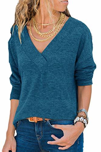 Lugares Jersey De Mujer Casual Cuello Pico Manga Larga Sólido Tops Azul L