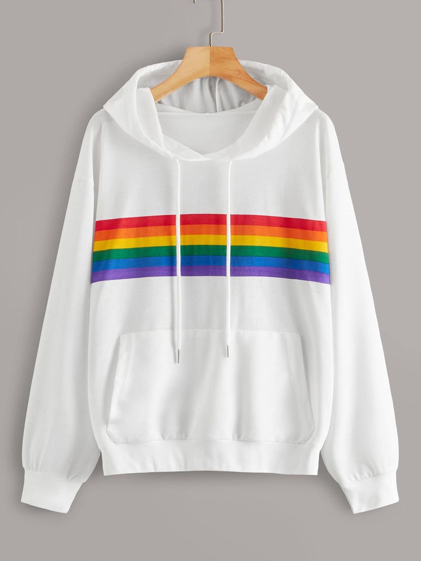 Fashion Rainbow Striped Drawstring Hoodie