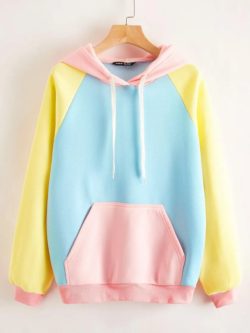 Moda Raglan Sleeve Colorblock Drawstring Hoodie