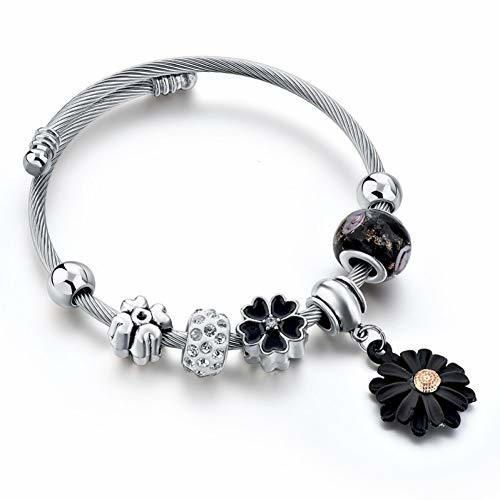 HFLGKLO Preto Flor Cuff Pulseiras Pulseiras Encantos Meninas Para & Prata Man