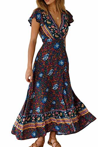 Moda Vestido Mujer Bohemio Largo Verano Playa Fiesta Floral Manga Corta Cuello en