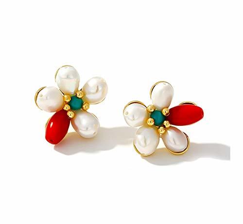 Social Pendiente Sweet Flower Plant Stud Pendientes Perlas naturales Coral Pendientes elegantes Vintage