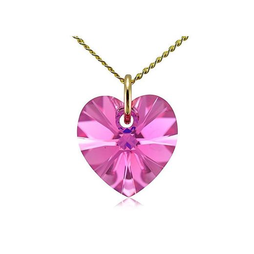 Solid 9ct oro collar de corazón de color rosa de cristal de