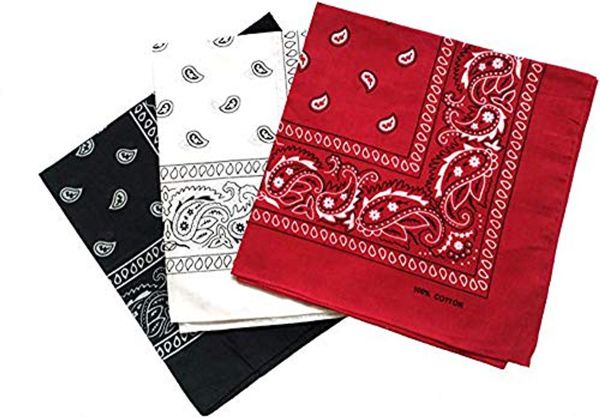 Moda Pack 3 Pañuelos Bandanas Paisley de Algodón 55x55cm para Cuello o Cabeza