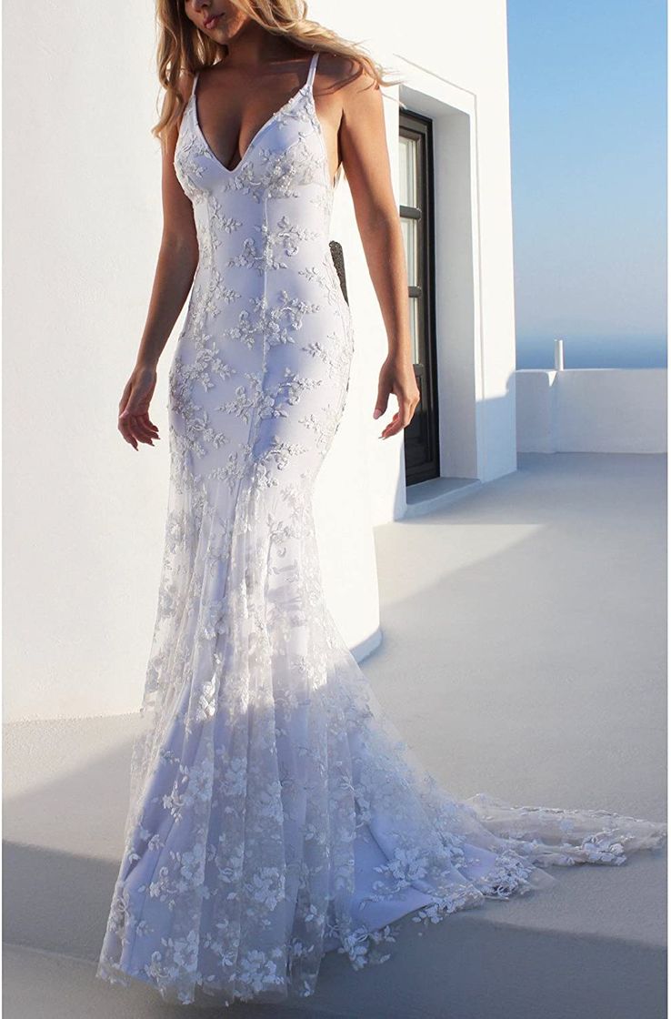 Social Las Mujeres Blancas Maxi Vestido con Cuello En V De Encaje Vestidos