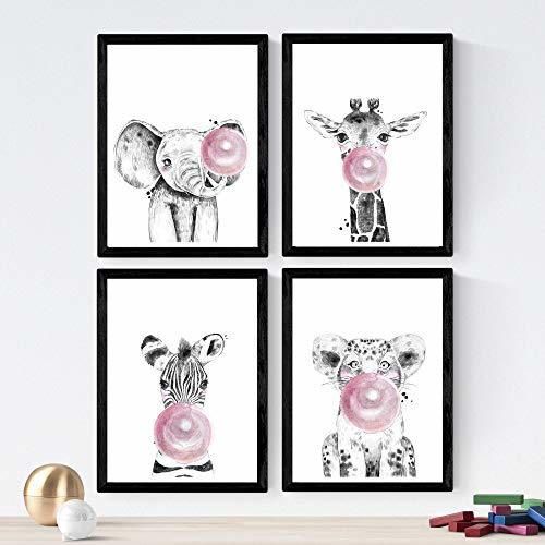 Nacnic Set de 4 láminas de Animales Infantiles con Chicle Rosa