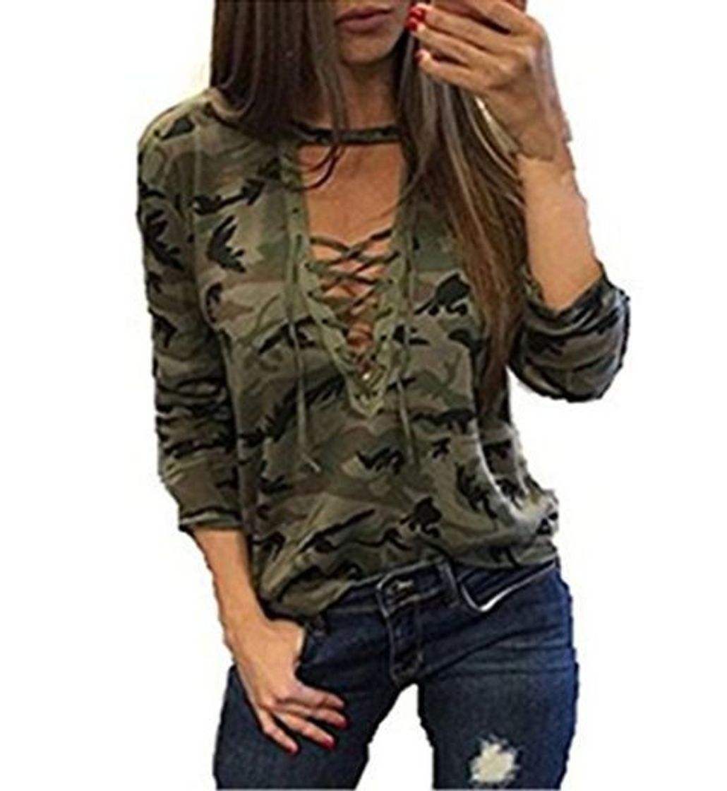 Products Mujer Camisetas Manga Larga Originales Basicas Camuflaje Tops Elegantes Moda Fiesta V Cuello Primavera Otoño Militares Tallas Grandes Blusas con Cordones Deporte Casual Blusones Ropa Dama