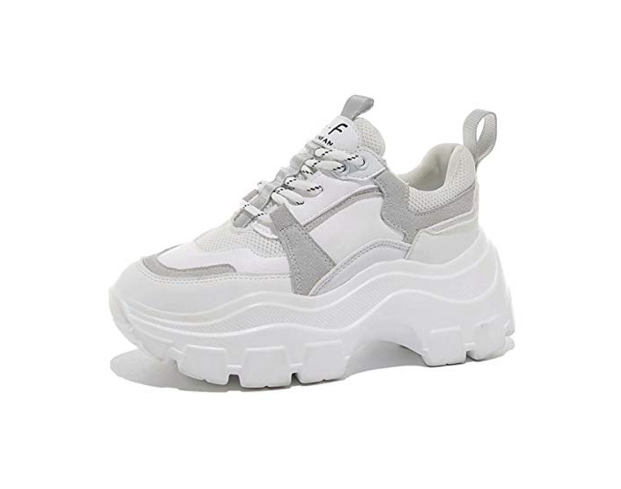 Moda Mujer Zapatillas de Deporte Plataforma Fashion Running Exterior Cordones Zapatos Casual Cómodos Resistente Antideslizante Otoño Invierno Blanco 39