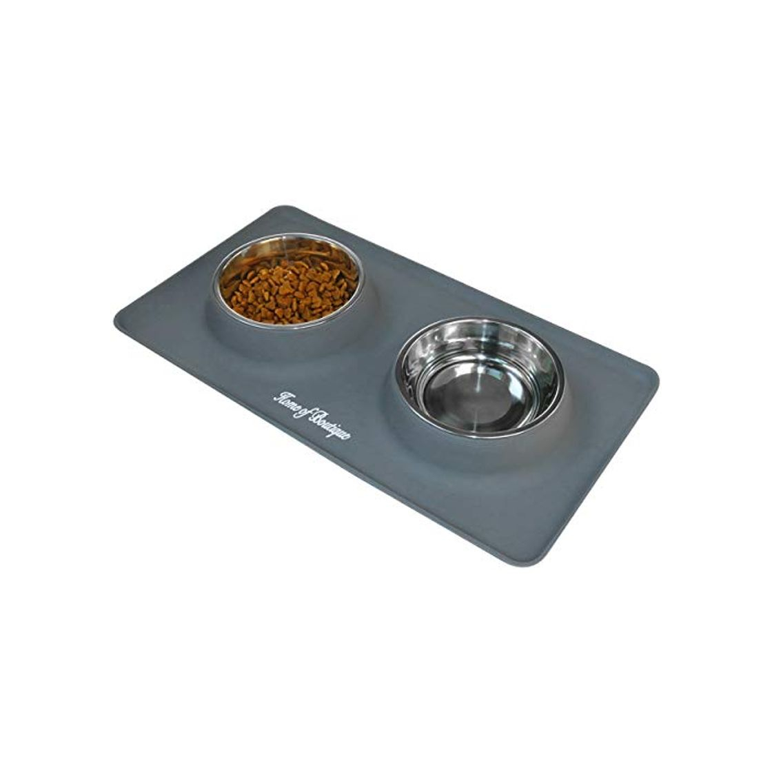 Producto Comedero para Perro o Gato de Acero Inoxidable, Dos Cuencos con Alfombra