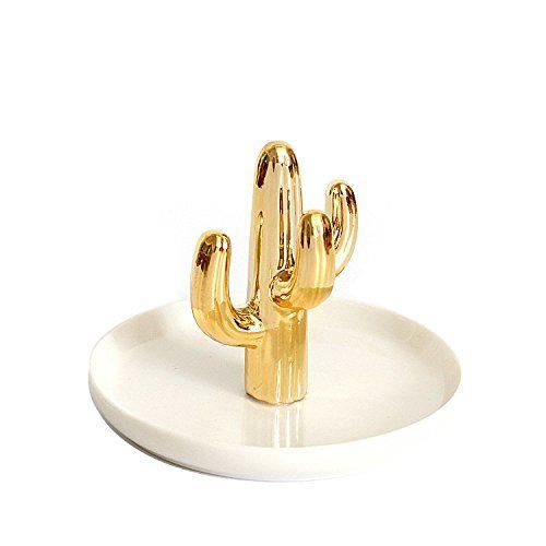 Oro Cactus blanco – caja con forma de joyas de cerámica anillos Holder