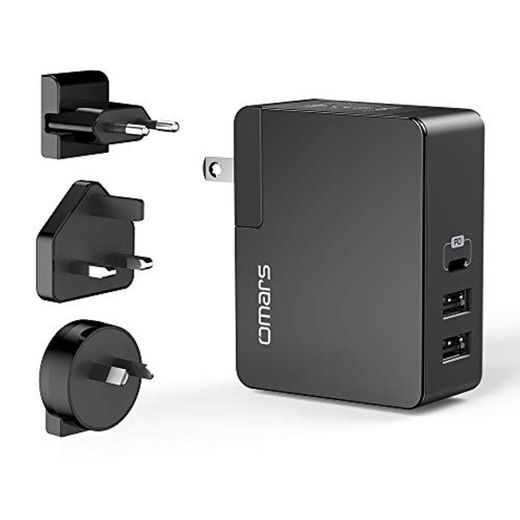 Omars Power Delivery 3.0 Cargador USB C 60W con Enchufes EU & UK Reemplazable, 1