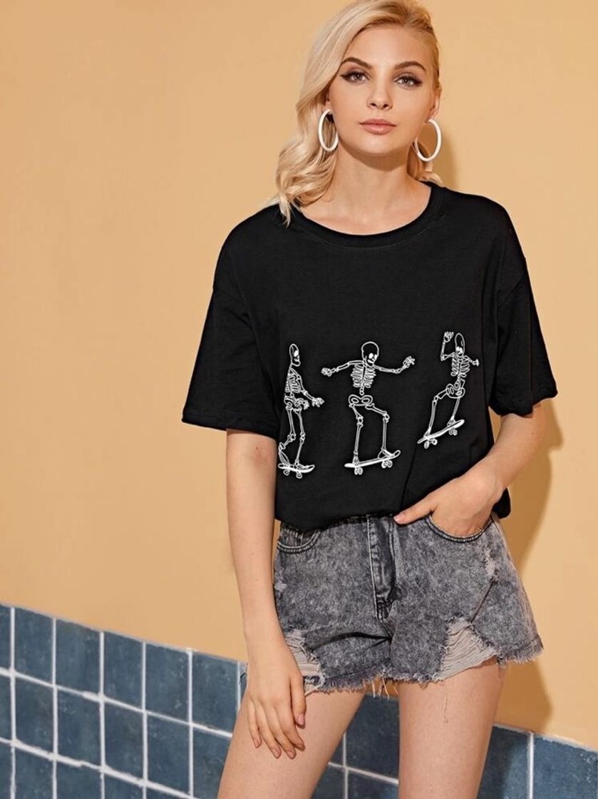 Moda Halloween Print Black Boyfriend Tee