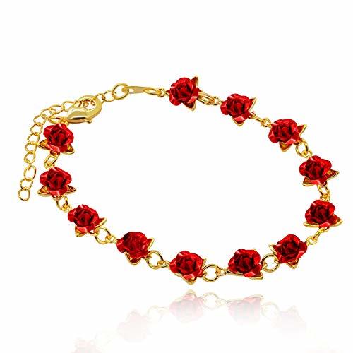 Product Uloveido Cute Red Rose Flower Charm Bracelet para Mujeres Niñas 18K Gold