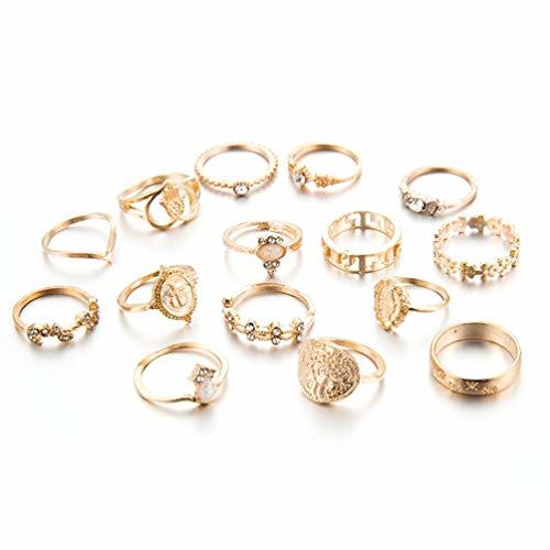 Product Deniseonuk 15Pcs/Set Fashion Beauty Head Gold Color Coin Cross Pattern Ring For