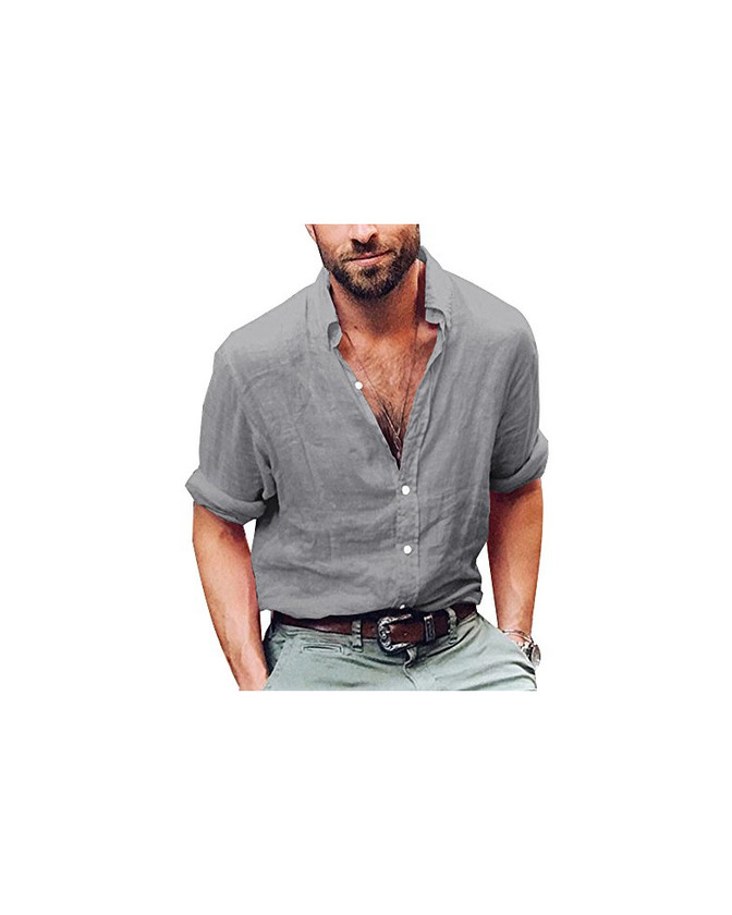 Camisa Hombre Lino Blusa Casual De Manga Larga Blusa Suelta Casual Cuello