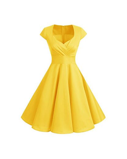 Bbonlinedress Vestido Corto Mujer Retro Años 50 Vintage Escote En Pico Yellow