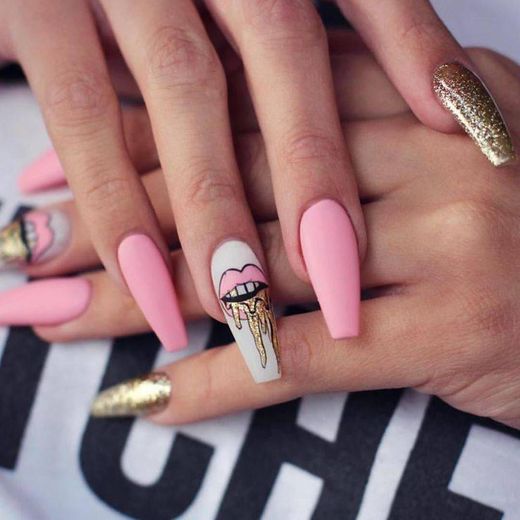 Pink, gold, and white nails with cool design 💅