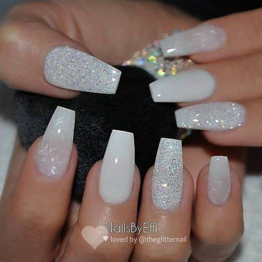 White nails with glitter 