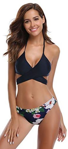 SHEKINI Mujeres Front Cross Bandage Bikini Floral impresión Inferior Traje de baño