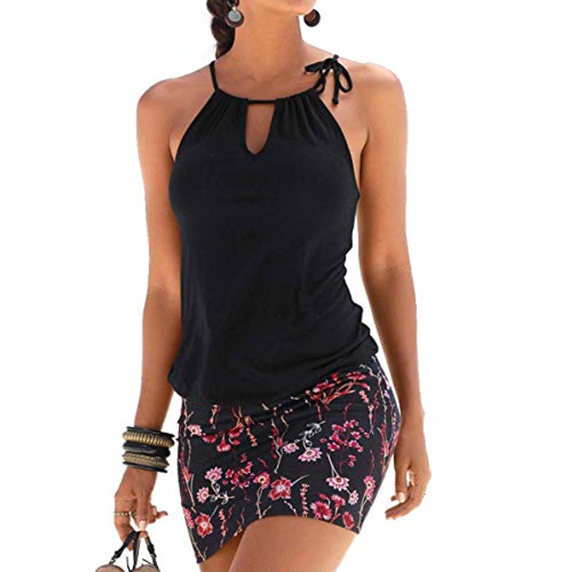 Moda heekpek Vestido de Playa Corto Halter Estampado de Flores Bohemia Sin Mangas Casual